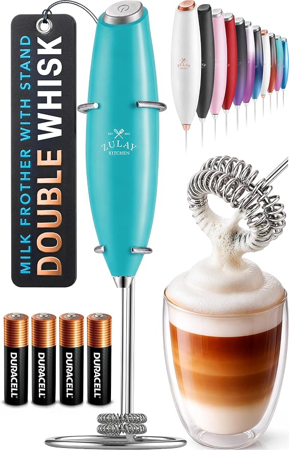 Zulay Kitchen Powerful Milk Frother Wand With Duracell Batteries - Ultra Fast Handheld Drink Mixer - Electric Whisk Foam Maker for Coffee, Lattes, Cappuccino & Matcha - Double Whisk - Caribbean Aqua