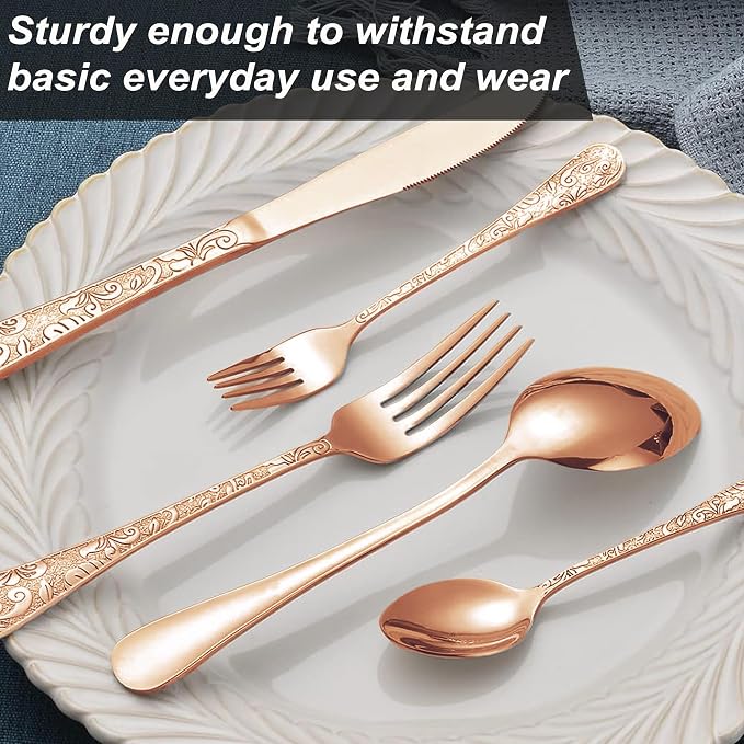 Runfly Vintage Carved Rose Gold Stainless Steel 20-Piece Flatware Set | Silverware Set, Modern Embossed Cutlery Set Utensils Kitchen Including Fork Spoon and Knife