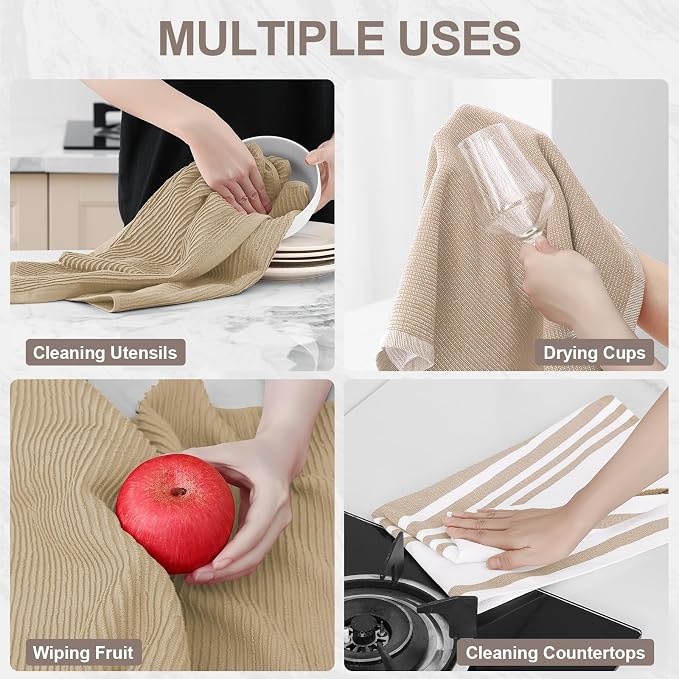 Homaxy Cotton 380 GSM Premium Kitchen Towels, 18"x 28", 9 Pack, Khaki | Soft and Absorbent Terry Dish Towels, Multipurpose Tea Towel Set with Hanging Loop, 3 Styles Kitchen Hand Towels
