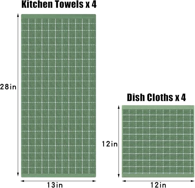 Homaxy Kitchen Towels and Dishcloths Set, Set of 8, Grass Green | Bulk Cotton Terry Kitchen Towels, Checkered Designed, Soft and Super Absorbent Dish Towels, 12 x 12 and 13 x 28 Inches