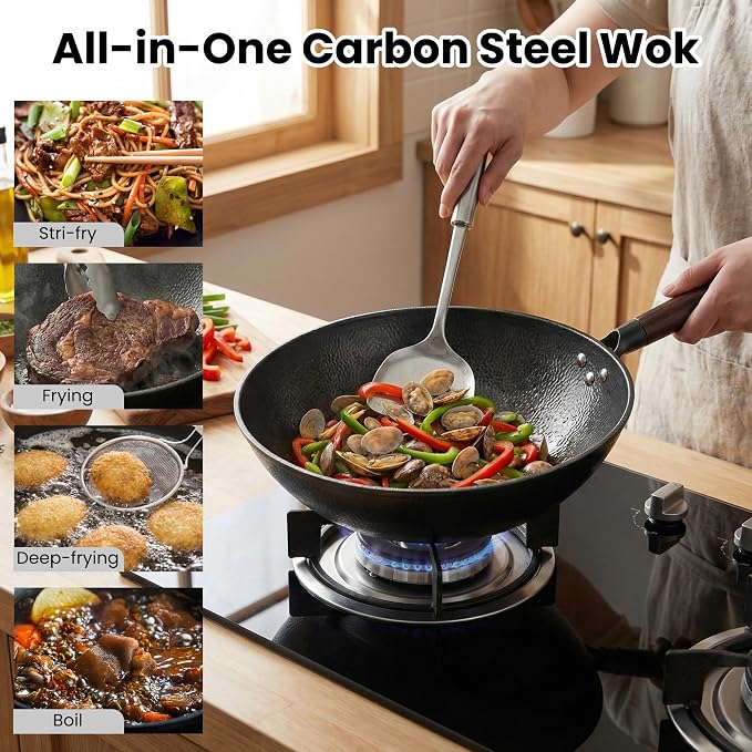 13 Inch Carbon Steel Wok with Lid, Large Flat Bottom Woks & Stir-Fry Pan | Large Chinese Wok Pan, 6.45QT, Nitrided Carbon Steel, No Chemical Coating, For All Stoves