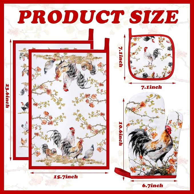 Bencailor 6 Pcs Rooster Kitchen Towels Pot Holders and Oven Mitts Set Soft Cotton Linen Dish Towel Heat Resistant Oven Mitts for Summer Kitchen Decor Cooking Baking Grilling