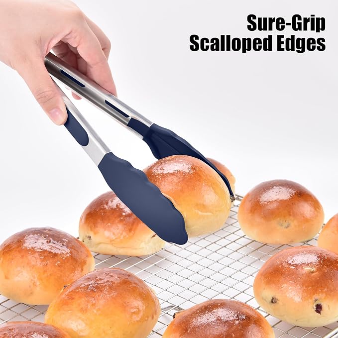 Doosu Kitchen Tongs with Silicone Tips for Cooking Serving (9in, Navy Blue) | 600°F Heat Resistant Food Tong, Heavy Duty Stainless Steel Locking Tong for BBQ, Grilling Steak, Salad, Toast, Pasta