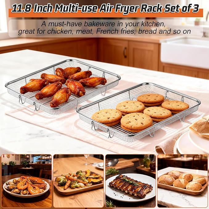 P&P CHEF 11.8 Inch Air Fryer Basket for Oven, Air Fryer Rack, 3 Pieces | Food-grade Stainless Steel Air Fryer Accessories for Frying Cooking Baking Roasting, Ideal for Fried Food, Dishwasher Safe