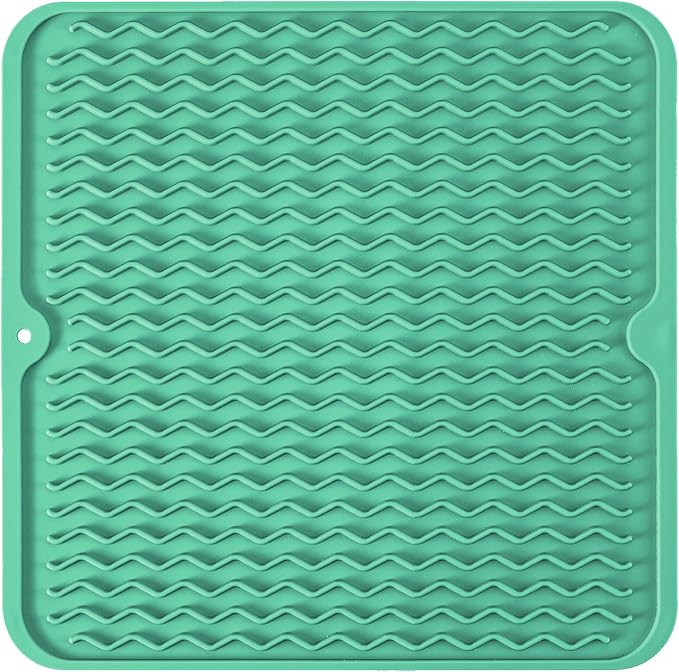 Silicone Dish Drying Mat, Non-Slip Easy Clean Sink Mat, Green, 12" x 12" | Quick-Dry Ridges, Large Heat-resistant Dish Drainer Mat for Kitchen Counter, Hangable & Roll-Up for Storage, Dishwasher Safe