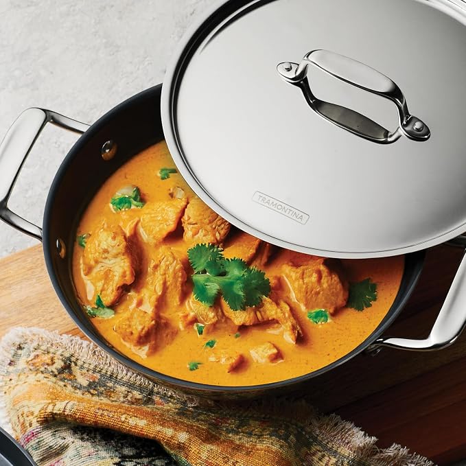 Tramontina Utsava Tri-Ply Clad Stainless Steel 2.75-Quart Kadai with Lid | Ceramic Non Stick Interior, Induction-Ready Kadhai Pot for Indian Cooking