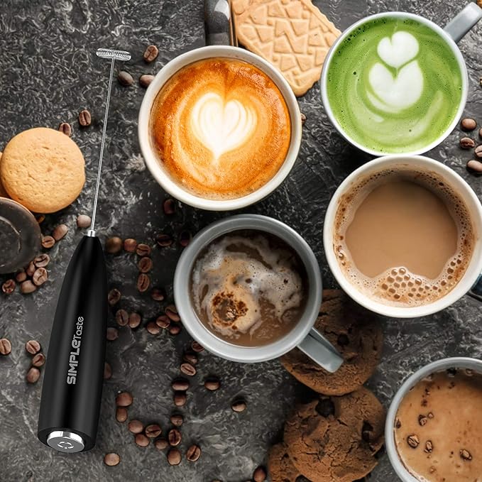 SIMPLETASTE Milk Frother Handheld Electric Foam Maker Battery Operated | Drink Mixer with Stainless Steel Whisk for Cappuccino, Bulletproof Coffee, Latte, Black, with Stand