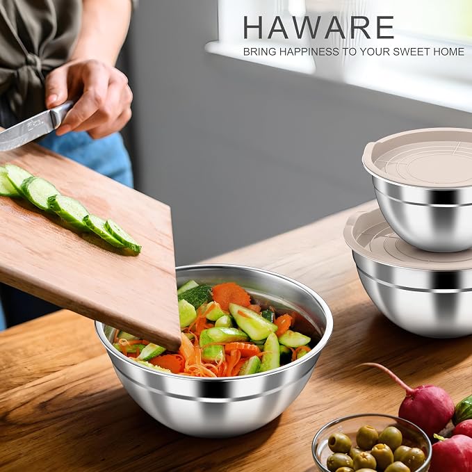 HaWare Mixing Bowls with Airtight Lids, 6-Piece Stainless Steel Salad Bowls | Strong Nesting Bowls for Cooking, Prepping, Baking, Serving & Food Storage, Stackable Design, Size 4.6, 3, 1.5QT, Khaki