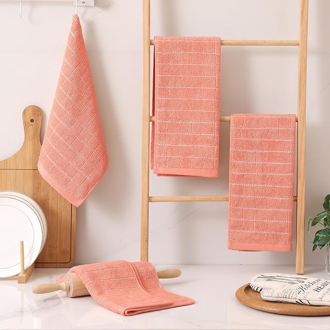 Homaxy 100% Cotton Terry Kitchen Towels, 12 Pack, Coral | Ultra Soft and Absorbent Dish Towels for Kitchen, Suitable for Drying and Washing Dishes