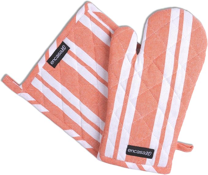 Encasa XO Oven Mitts and Pot Holders Set, Heat Resistant Cotton | Franca Orange Stripes, Diamond Quilted | Non-Slip Grip | Microwave & Oven Safe | Hanging Loop | Machine Washable | Set of 2
