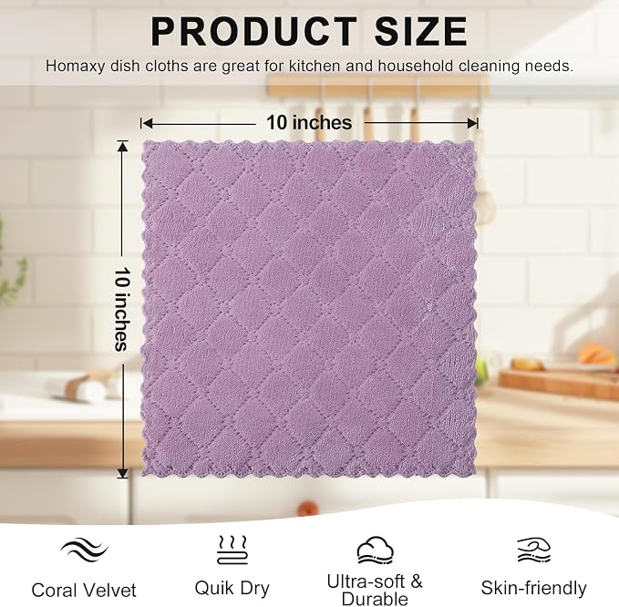 Homaxy 12 Pack Super Soft & Absorbent Dish Cloths, 10" x 10", Purple | Coral Velvet, Nonstick Oil Fast Drying Microfiber Cleaning Cloth, No Lint Household Dishcloths