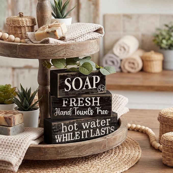 Lineshading 4 Pcs Wooden Bathroom Block Signs, Farmhouse Shelf Decor | Stackable Tiered Tray Pieces with Vintage Sayings, Rustic Bathroom Shelf Accents, Distressed Black Wood Tabletop Display