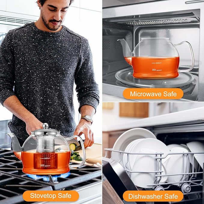 STNTUS Glass Teapot, 40 oz. / 1200 ml for Loose Tea, With Infuser and Stainless Steel Strainer, Stovetop Safe, 4-6 Cups