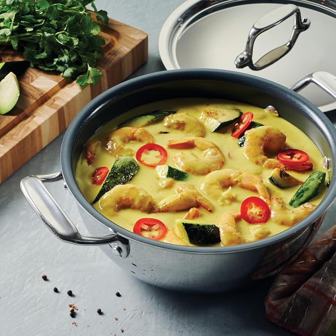 Tramontina Utsava Tri-Ply Clad Stainless Steel 2.75-Quart Kadai with Lid | Ceramic Non Stick Interior, Induction-Ready Kadhai Pot for Indian Cooking