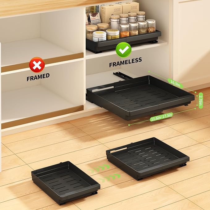 DOMNIU Pull Out Cabinet Organizers Expandable,Black,16.9" Depth,2 Pack | Slide Out Drawers for Kitchen, Bathroom, Pantry, Under Sink Storage, Fixed with Adhesive Nano Film (11.6''-17.5'')