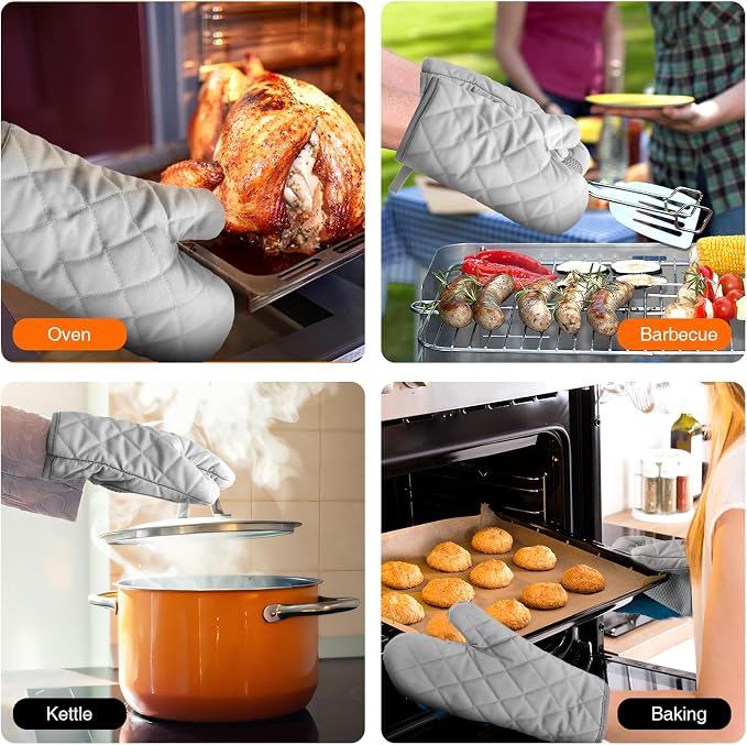 Silicone Oven Mitts, Heat Resistant 2PCS Oven Mitts with Soft Cotton Lining, Waterproof Non-Slip Grip Oven Glove, Kitchen Potholder Mits for BBQ, Baking, Cooking, 10.5Inch - Dark Grey