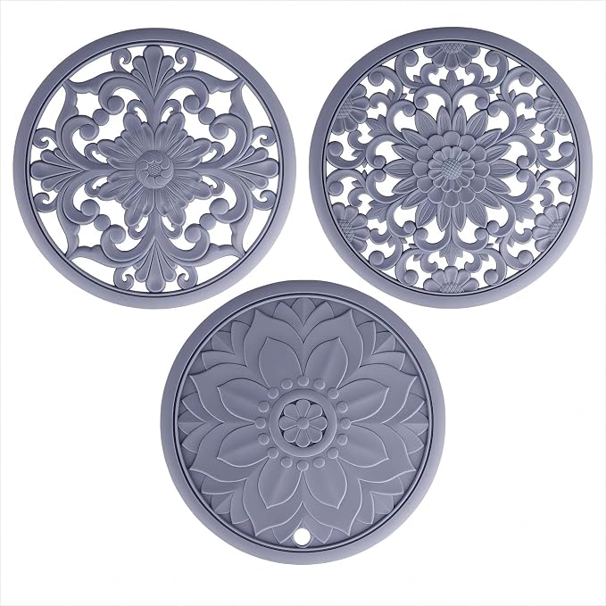 Silicone Trivets - Silicon Mats for Hot Pots and Pans, Round Hot Pads, Multi-Use Carved Flexible Modern Kitchen Table Mats, Heat Resistant Teapot Coaster Set of 3 Gray