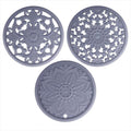 Silicone Trivets - Silicon Mats for Hot Pots and Pans, Round Hot Pads, Multi-Use Carved Flexible Modern Kitchen Table Mats, Heat Resistant Teapot Coaster Set of 3 Gray