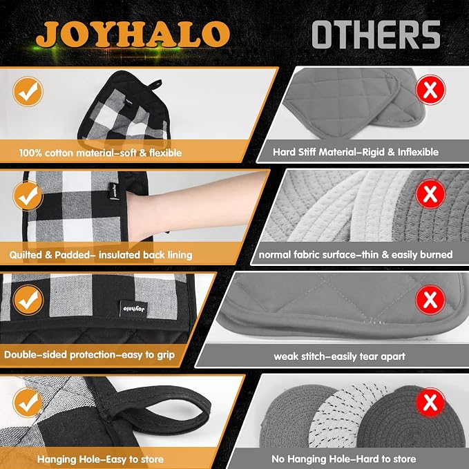 Joyhalo 4 Pack Pot Holders for Kitchen Clearance | Cotton Oven Holder with Great Heat Resistance, Potholders Sets for Kitchen, Countertops, Hot Pots and Pans, Black and White