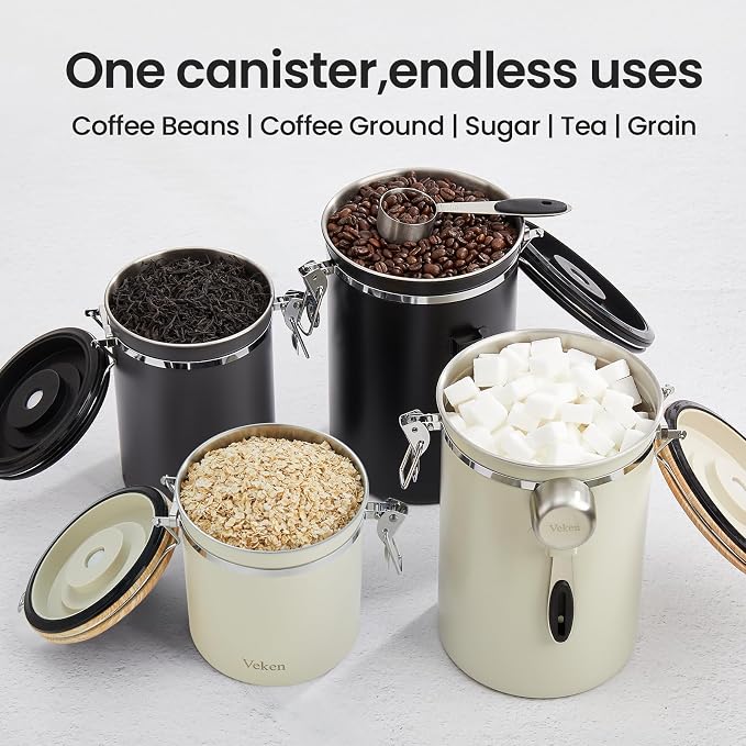 Veken Coffee Canister, Airtight Stainless Steel Food Storage Container,16OZ | Date Tracker, Kitchen Jars for Beans,Ground, Espresso, Rice,Tea, Sugar,Cereal,Cookie, Bar Accessories,Gifts, Lids,Scoop,Cream