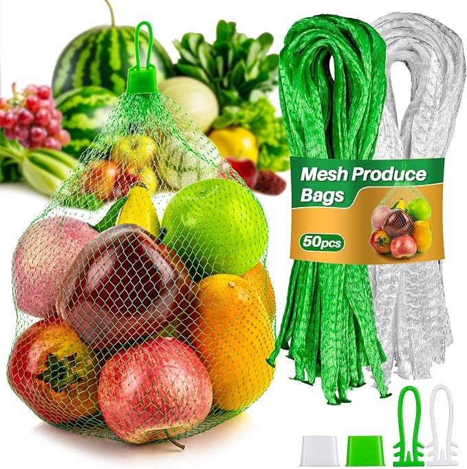 RAINFLOW 50 PCS Mesh Produce Bags - Onion Storage and Seafood Boil Bags | 20-Inch Vegetable Mesh Nets with Loop-Style Closures for Fruits, Potatoes, Seafood and Other Agricultural Products