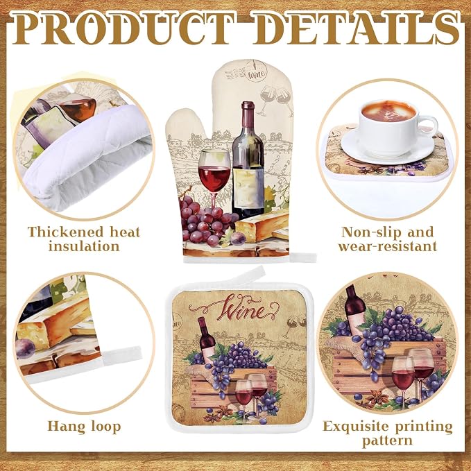 Fourluoo 10 Pcs Wine Kitchen Dish Towels Rugs Oven Mitts and Pot Holders Set Farmhouse Kitchen Decor Set for Women Mom Daughter Gift Cooking Baking Grilling (Rustic Color)