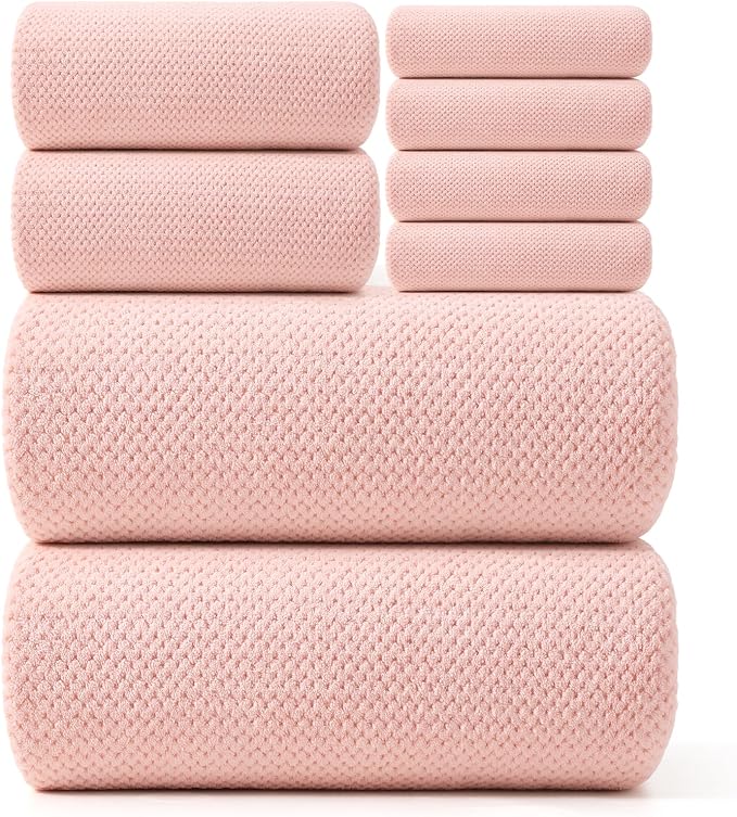 REDKISS Pink Towel Set of 8 - Ultra Soft Microfiber, Contains 2 Large Bath 35x70, 2 Hand 14x30, 4 Washcloths 14x14, Highly Absorbent, Quick Dry, Ideal for Everyday use, Hotel & Spa, Pink