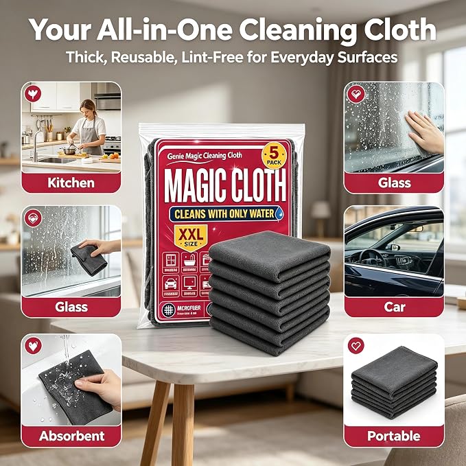 5 Pack Thickened Magic Cloth, Reusable Cleaning Rags for Glass Kitchen Car