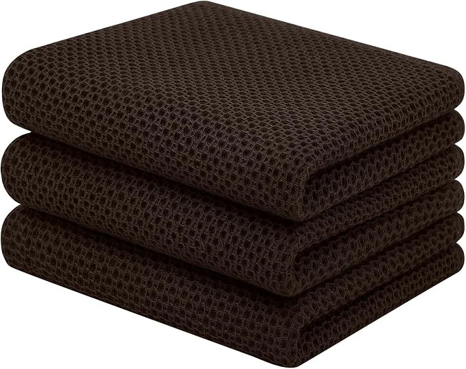 Homaxy 100% Cotton Waffle Weave Kitchen Towels, 3-Pack, Dark Brown | 13 x 28 Inches, Ultra Soft Absorbent Dish Towels, Quick Drying Cleaning Towels