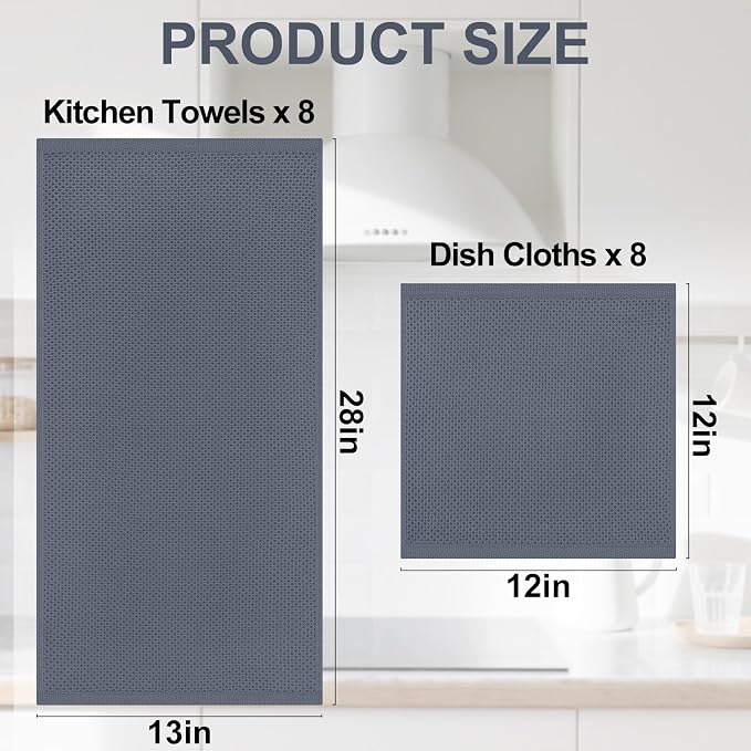 Homaxy 16 Pack 100% Cotton Kitchen Towels and Dishcloths Set, Dark Grey | 12 x 12 Inches and 13 x 28 Inches Kitchen Towels Set, Ultra Soft Absorbent Dish Cloths for Washing Dishes