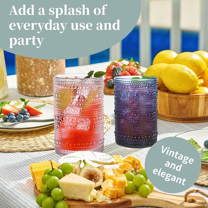 Colored Hobnail Drinking Glasses Set of 6, 15 oz Vintage Highball Glasses, Drinkware Kitchen Glasses for Cocktail, Iced Coffee, Beer, Ice Tea, Wine, Whiskey, Water