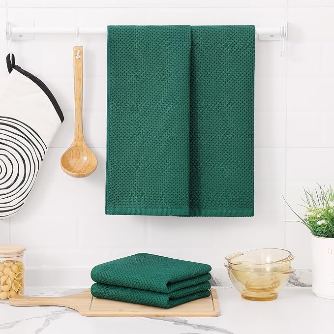 Kitinjoy 100% Cotton Waffle 4-Pack Kitchen Towels, 13" x 28", Dark Green | Super Soft, Ultra-Absorbent, Fast Drying, lightweight, Quick Drying Kitchen Hand Towels