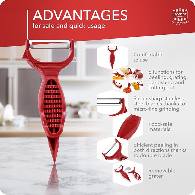 Borner 6-in-1 Fruit and Vegetable Peeler with Stainless Steel Double-Edged Blade, Multi function with Corer, Potato Eye Remover and Mini Grater, Made in Germany, Red