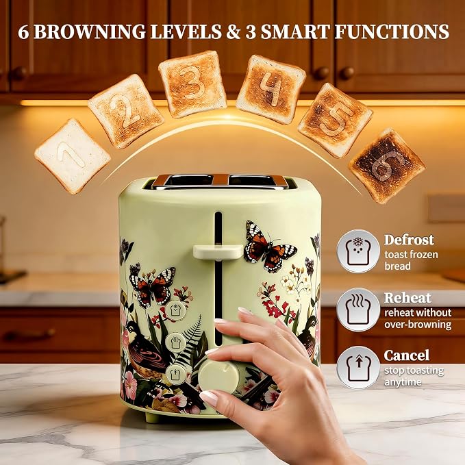 INFOOD Retro Toaster 2 Slice - 6 Toast Settings, Cancel/Defrost/Reheat Buttons, Built-in Warming Rack & Removable Crumb Tray, 1.5 Inches Extra Wide Slots, 750W, Floral Design