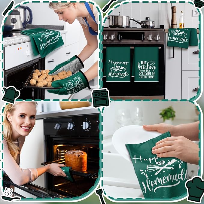 Sratte 6 Pcs Kitchen Decor Accessories Set, Kitchen, Dark Green | Farmhouse Kitchen Towels Pot Holders Oven Mitts Set 2 Dish Towels 2 Potholders 2 Cooking Mittens for Baking Cooking Supply