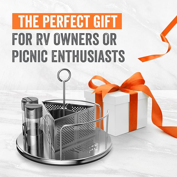 Rotating Condiment Caddy, Stainless, 360-Degree | 2 glass salt and pepper shakers, carry handle, patent pending. For outdoor grill and patio.