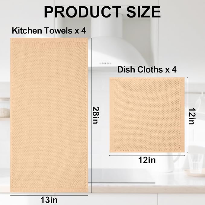 Homaxy 8 Pack 100% Cotton Kitchen Towels and Dishcloths Set, Apricot | 12 x 12 Inches and 13 x 28 Inches Kitchen Towels Set, Ultra Soft Absorbent Dish Cloths for Washing Dishes