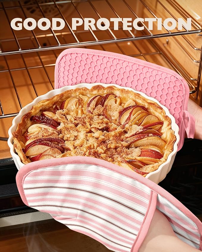100% Cotton Pot Holders Textured Soft Silicone Pink Stripe | Stylish Pot Holders 2pcs, Machine Washable Non-Slip Heat Resistant Hot Pads & Oven Mitts 2-in-1, Practical Kitchen Decor