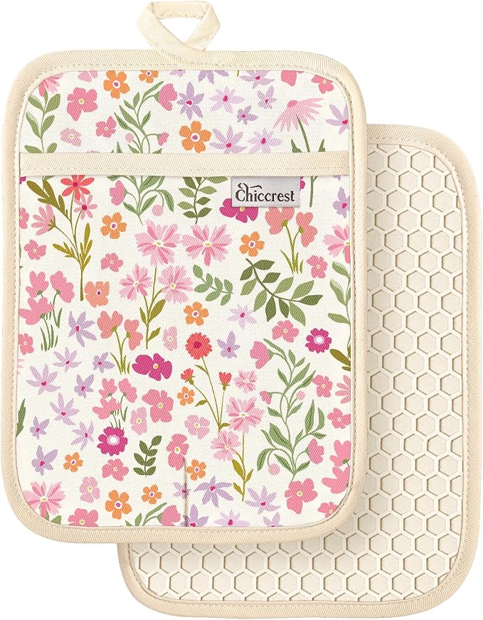 100% Cotton Pot Holders Textured Soft Silicone Grip Pink Floral | Stylish Pot Holders 2pcs, Machine Washable Non-Slip Heat Resistant Hot Pads & Oven Mitts 2-in-1, Practical Kitchen Decor