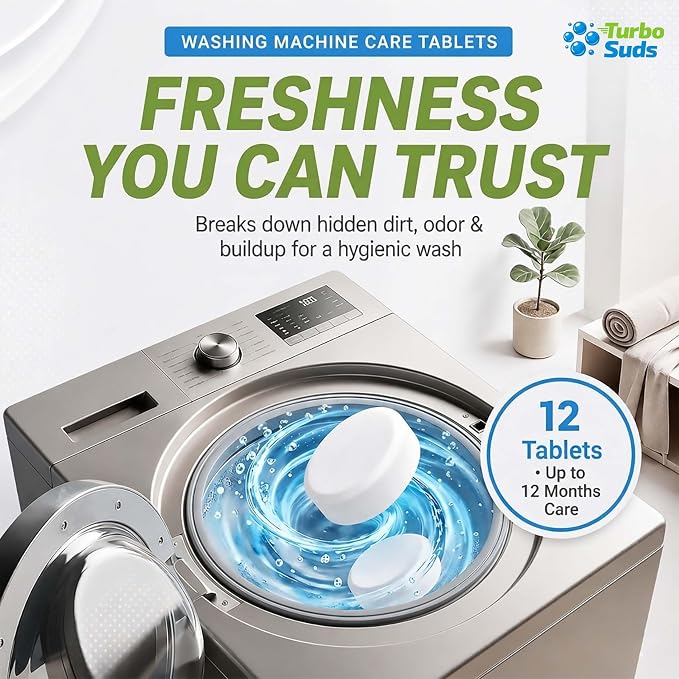 Washing Machine Cleaner Tablets | Eliminates Odors | Deep Cleans Washer Internals | Heavy Duty Descaler | Unscented | Compatible with HE Front Load & Top Load Washers | 12 XL Tablets (1 Year Supply)