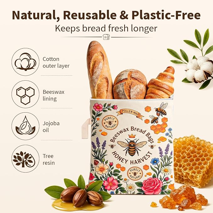 2 Pack Reusable Beeswax Bread Bags for Homemade Sourdough, 13"x17" Organic Linen & Cotton Bread Storage Bag with Zip Seal, Natural Beeswax Coating Keeps Bread Fresh Longer – Freezer Safe & Portable