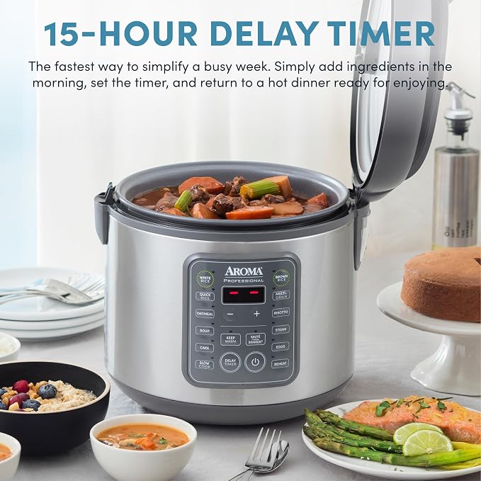 AROMA Professional Digital Rice Cooker, 10-Cup (Uncooked) / 20-Cup (Cooked), Multicooker, Slow Cooker, Steamer, Oatmeal Cooker, Egg Cooker, STS, 5 Qt, Gray, ARC-5200SG