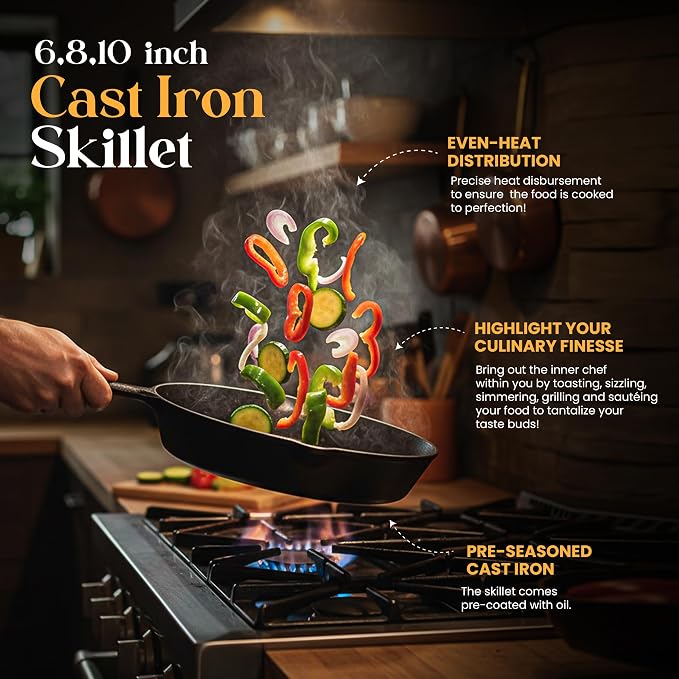 Utopia Kitchen Cast Iron Skillet Set 3 Piece 6 8 10 Inch PFAS-Free Black | Chef Pan, Even Heat Distribution, Stovetop, Campfire and Grill Safe, Large Skillet Set, Indoor Outdoor Use