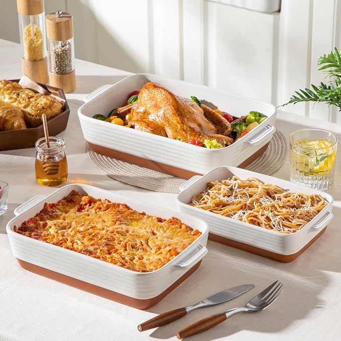 MALACASA Casserole Dishes for Oven, Ceramic Baking Dishes Set of 3, Baking Pan Casserole Dish Set, Rectangular Lasagna Pan Deep with Handles for Baking, Khaki White (14.5''/13''/10.5''), Series TARA