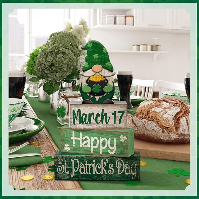 Lineshading 4 Pcs St Patricks Day Tiered Tray Decor Wooden Gnome Blocks | Rustic Farmhouse Table Decor with March 17 Date Block, Stacked Signs, Shamrock Gnome Topper for Mantle or Shelf Displays