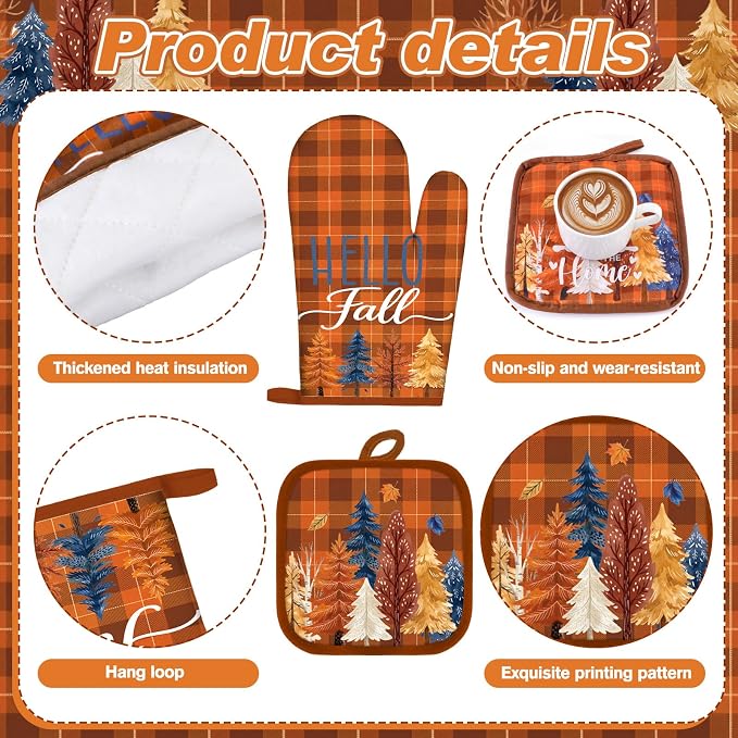 Fourluoo 10 Pcs Fall Maple Trees Kitchen Decor Set Towels Rugs Oven Mitts and Pot Holders Autumn Kitchen Accessories Set for Cooking Baking Grilling Housewarming Gift