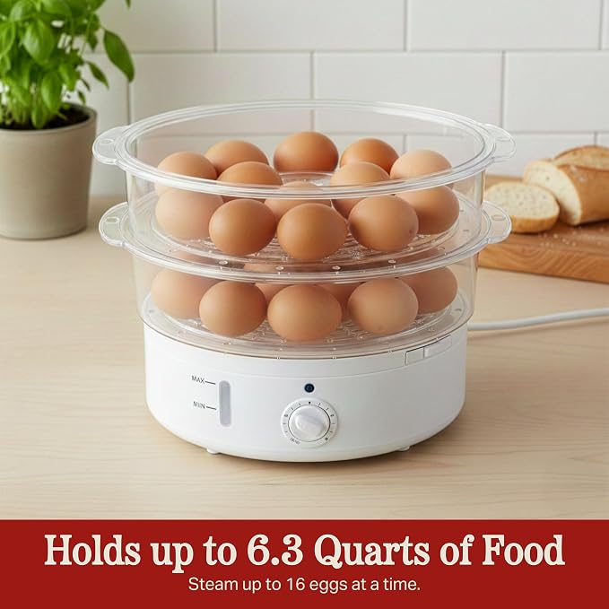 Classic Cuisine 2-Tier Vegetable Steamer and Rice Cooker, 120V 60Hz 800W | 6.3 Quart Electric Steamer for Cooking Healthy Fish, Eggs, Vegetables, Rice, and Baby Food