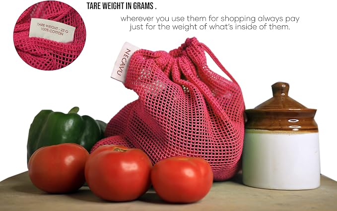 100% Cotton Set of 6 Reusable Fridge Storage Bags | Eco-friendly Natural Cotton Vegetable Bags with Drawstring Closure in Onion Pink