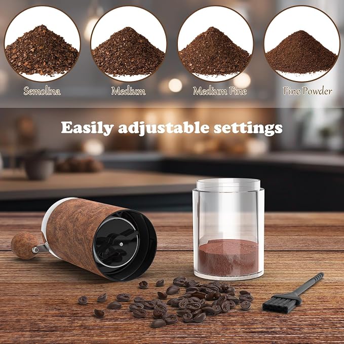 Manual Coffee Grinder, Portable Coffee Grinder, Burr Mill, Foldable Crank | Fine-to-coarse grind adjustment, stainless steel body, clear grounds cup and cleaning brush for home, office or travel.