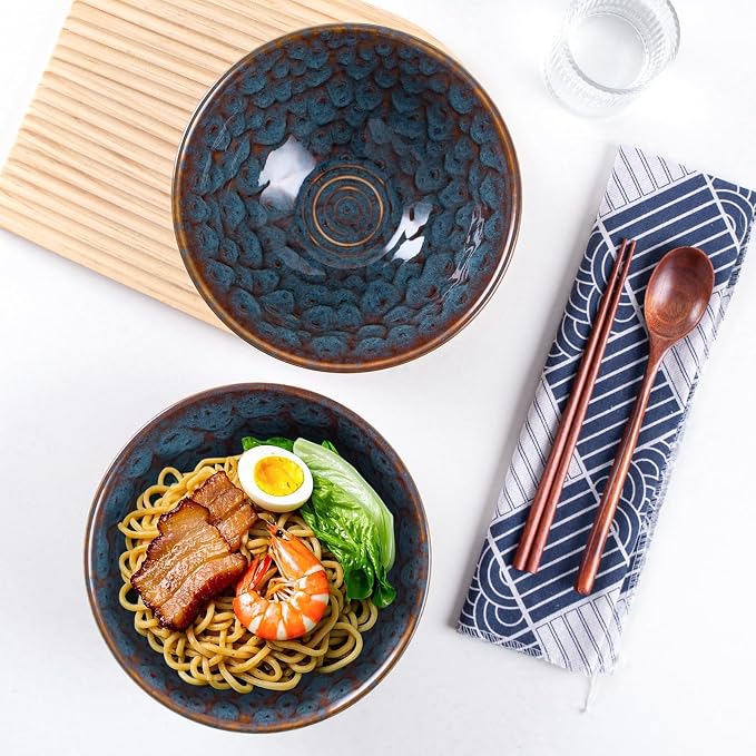 Ceramic Japanese Ramen Bowl Set, 2 Sets Asian Pho Udon Soup Noodle Bowls with Spoons and Chopsticks (Peacock Green, 8 inches)